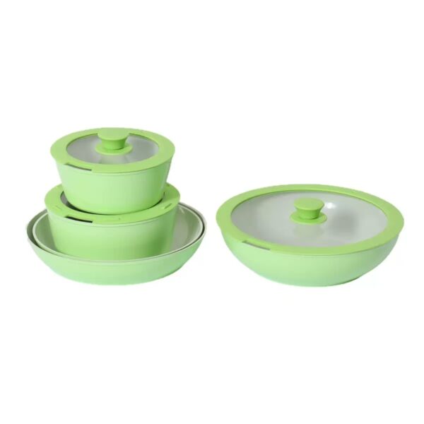 8-Piece Green & White Non-Stick Aluminum Cookware Set with Detachable Handle