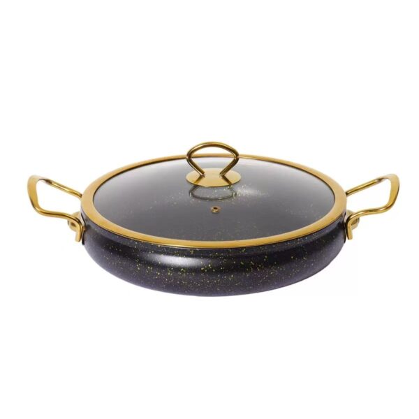aab729c08637367f7164deaa75bf6fd0 9-Piece Black Gold-Speckled Non-Stick Aluminum Cookware Set with Gold Accents