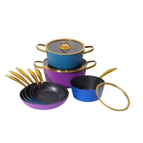 b5f5f0b6b223d579e1bcbbf7f0ca4925 11-Piece Multi-Color Ribbed Non-Stick Aluminum Cookware Set with Gold Accents