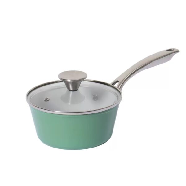 b97684448d7d94116ed65e7d1f9e0662 14-Piece Sage Green & White Non-Stick Aluminum Cookware Set with Stainless Steel Handles