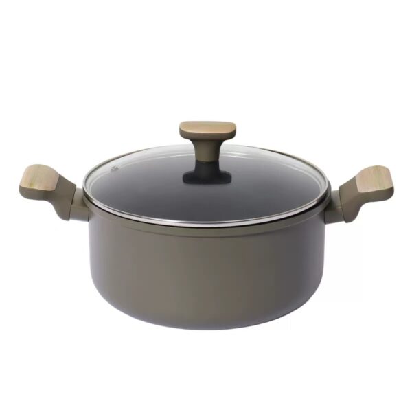 12-Piece Olive Green Non-Stick Aluminum Cookware Set with Wood-Effect Handles