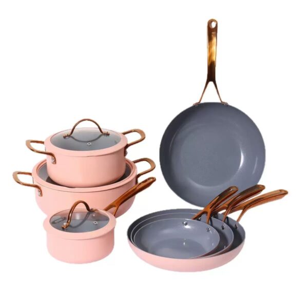 c71ca6bc7bb2690823912e3910749db3 10-Piece Pink & Grey Non-Stick Aluminum Cookware Set with Gold Handles