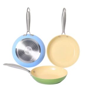 c8b44b8f0b449c284ad08eb62aa94cfe 3-Piece Pastel Non-Stick Aluminum Fry Pan Set with Stainless Steel Handles