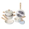 9-Piece Cream White Ribbed Non-Stick Cookware Set with Wood-Effect Handles