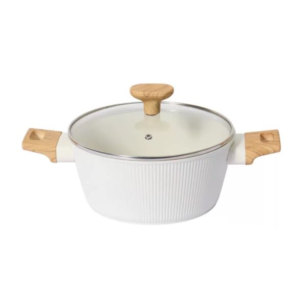 9-Piece Cream White Ribbed Non-Stick Cookware Set with Wood-Effect Handles