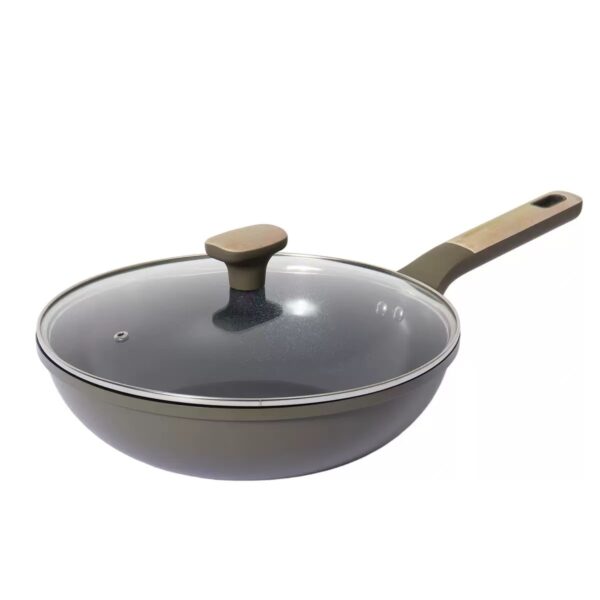 12-Piece Olive Green Non-Stick Aluminum Cookware Set with Wood-Effect Handles