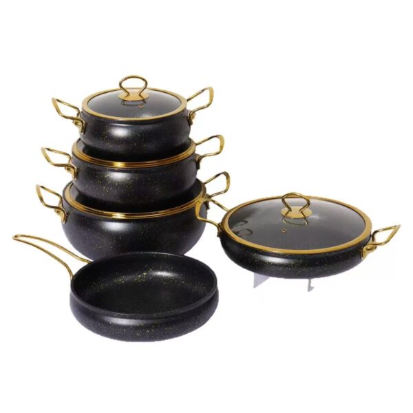 f353a2ed2d600b38a742ba4a6ffb1fec 9-Piece Black Gold-Speckled Non-Stick Aluminum Cookware Set with Gold Accents