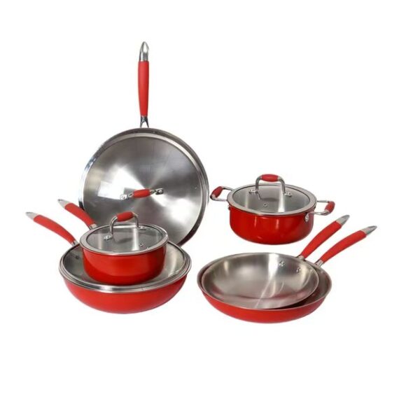 10-Piece Red Exterior Stainless Steel Interior Non-Stick Aluminum Cookware Set