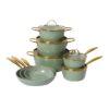 13-Piece Sage Green Hammered Non-Stick Aluminum Cookware Set with Gold