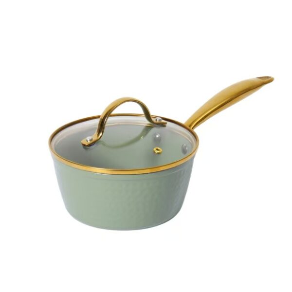 13-Piece Sage Green Hammered Non-Stick Aluminum Cookware Set with Gold