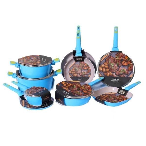 7bb94f7a70786d39a2dd67987e22bdc2 14-Piece Blue & Lime Non-Stick Aluminum Cookware Set with Ceramic Interior