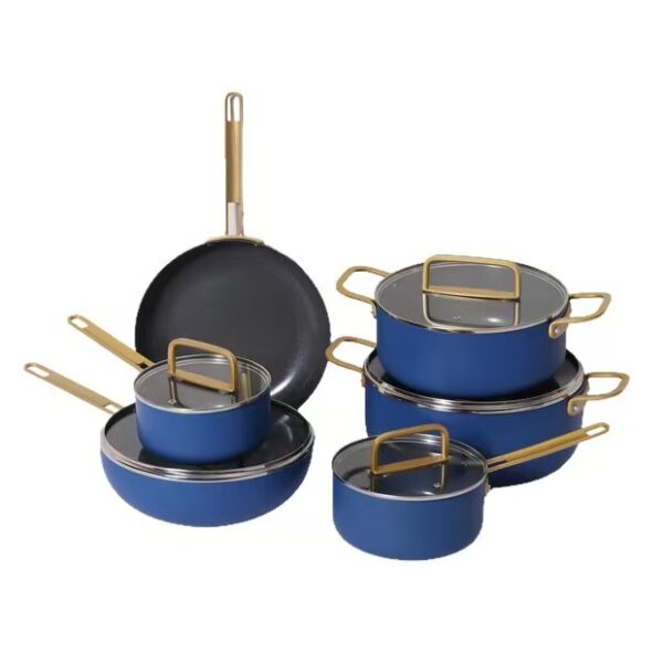 beed525457ba48ad06bec979ad4281b7 11-Piece Navy Blue Non-Stick Aluminum Cookware Set with Gold Handles