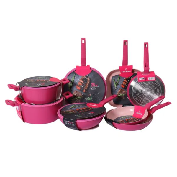12-Piece Hot Pink Non-Stick Aluminum Cookware Set with Soft Pink Interior