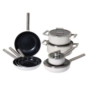 e61c75fe96bfd94f6774af7f275f308b 12-Piece White & Black Non-Stick Aluminum Cookware Set with Stainless Steel Handles