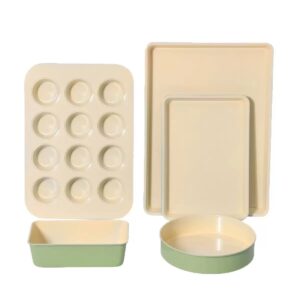 5 Pcs Carbon Steel Bakeware Set Green Exterior Cream Interior Nonstick Cake Molds & Baking Trays