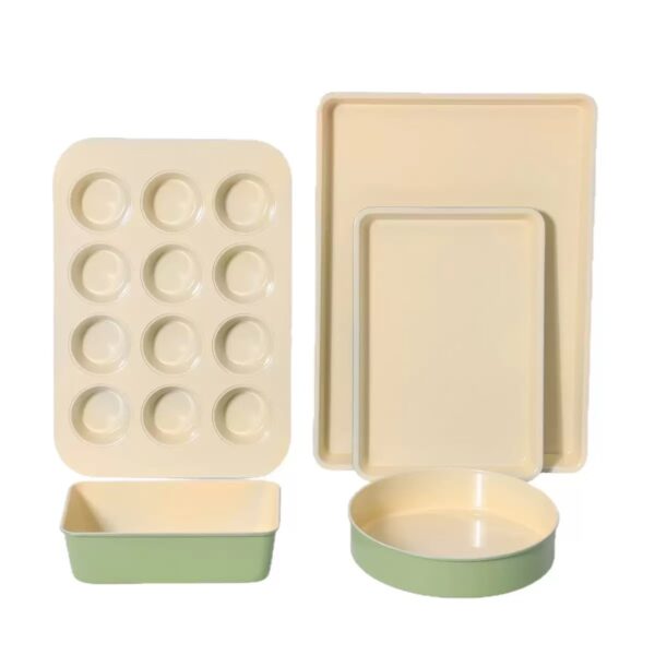 5 Pcs Carbon Steel Bakeware Set Green Exterior Cream Interior Nonstick Cake Molds & Baking Trays