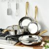 7 Piece Tri-Ply Stainless Steel Cookware Set, Mirror Polished Gold Ergonomic Handles, Induction Compatible Pots and Pans for All Stovetops