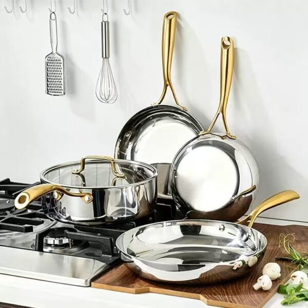 7 Piece Tri-Ply Stainless Steel Cookware Set, Mirror Polished Gold Ergonomic Handles, Induction Compatible Pots and Pans for All Stovetops