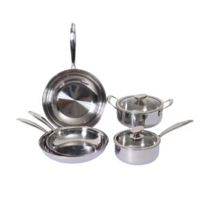 7 Pieces Tri-Ply Stainless Steel Cookware Set, Mirror Polished Non-Stick Pots & Pans with Glass Lids
