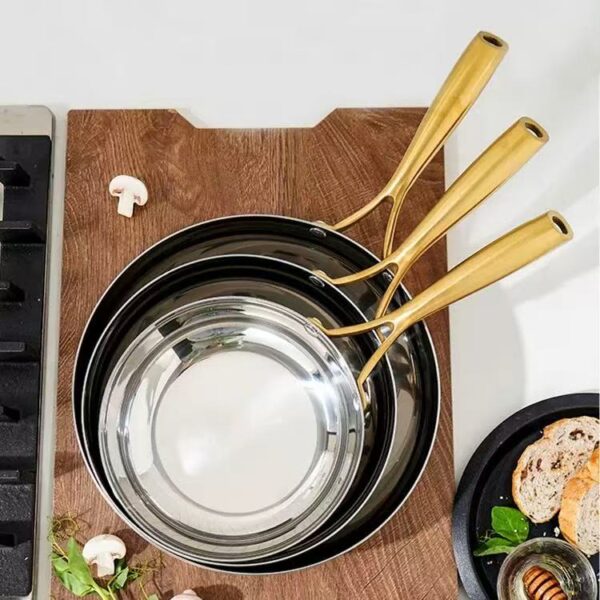 7 Piece Tri-Ply Stainless Steel Cookware Set, Mirror Polished Gold Ergonomic Handles, Induction Compatible Pots and Pans for All Stovetops