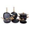 15 Pieces Non-Stick Aluminum Cookware Set, Black Pots & Pans with Wood Effect Heat Resistant Handles for All Stoves