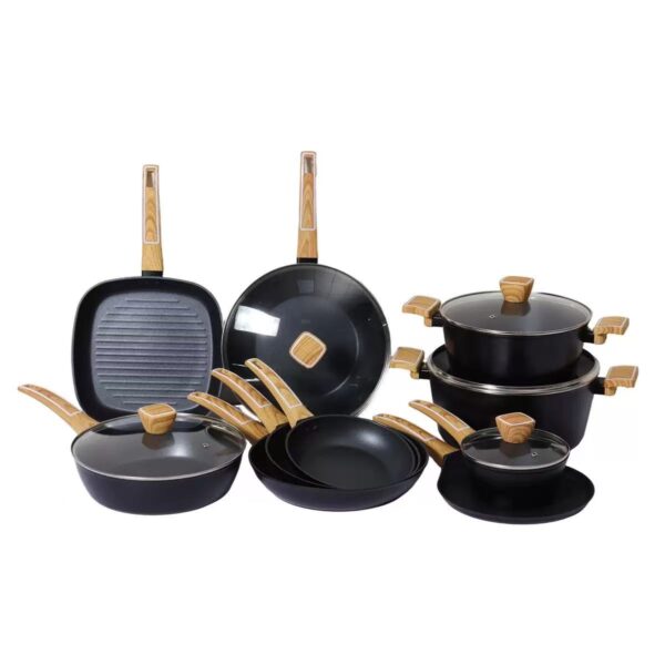 15 Pieces Non-Stick Aluminum Cookware Set, Black Pots & Pans with Wood Effect Heat Resistant Handles for All Stoves