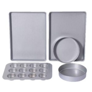5 Pcs Silver Textured Carbon Steel Bakeware Set, Nonstick Cake Muffin & Baking Tray Kit