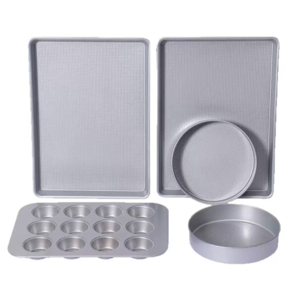 b340bbd091280d6df98f684560e9fe4e 5 Pcs Silver Textured Carbon Steel Bakeware Set, Nonstick Cake Muffin & Baking Tray Kit