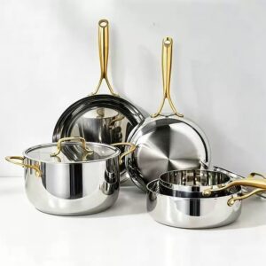 7 Piece Tri-Ply Stainless Steel Cookware Set, Mirror Polished Gold Ergonomic Handles, Induction Compatible Pots and Pans for All Stovetops