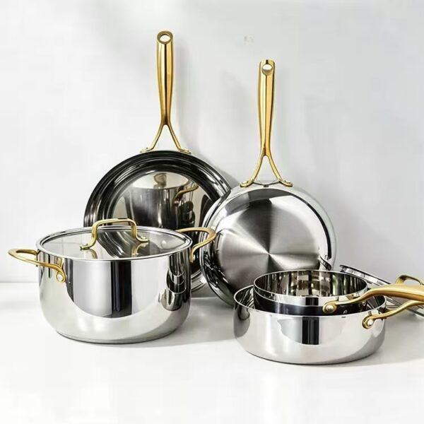 7 Piece Tri-Ply Stainless Steel Cookware Set, Mirror Polished Gold Ergonomic Handles, Induction Compatible Pots and Pans for All Stovetops