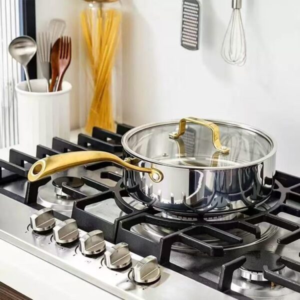 7 Piece Tri-Ply Stainless Steel Cookware Set, Mirror Polished Gold Ergonomic Handles, Induction Compatible Pots and Pans for All Stovetops