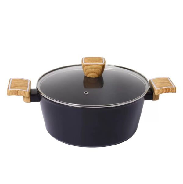 15 Pieces Non-Stick Aluminum Cookware Set, Black Pots & Pans with Wood Effect Heat Resistant Handles for All Stoves